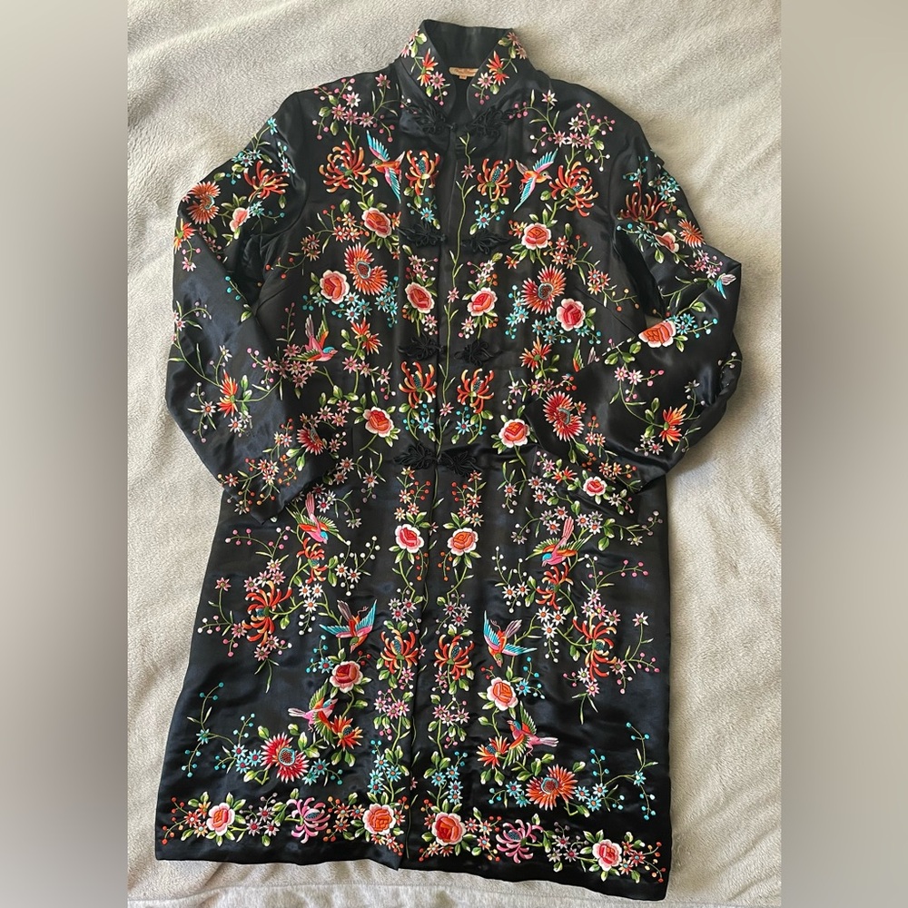 Black Chinese vintage hand embroidery floral birds long jacket coat size xs-s